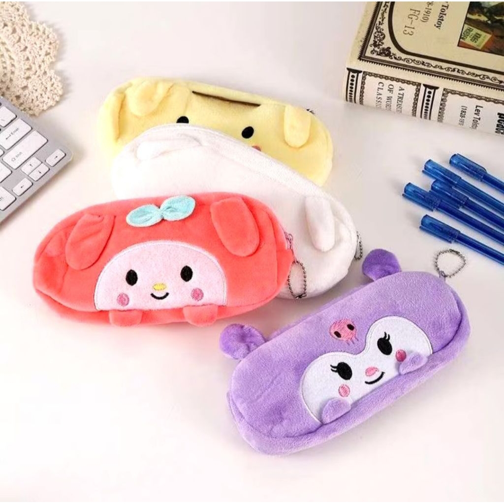 Kotak Pensil Plushy Sanrio Tangan Pencil Case Tempat Alat Tulis Cinnamoroll Kuromi Melody Purin Lemb