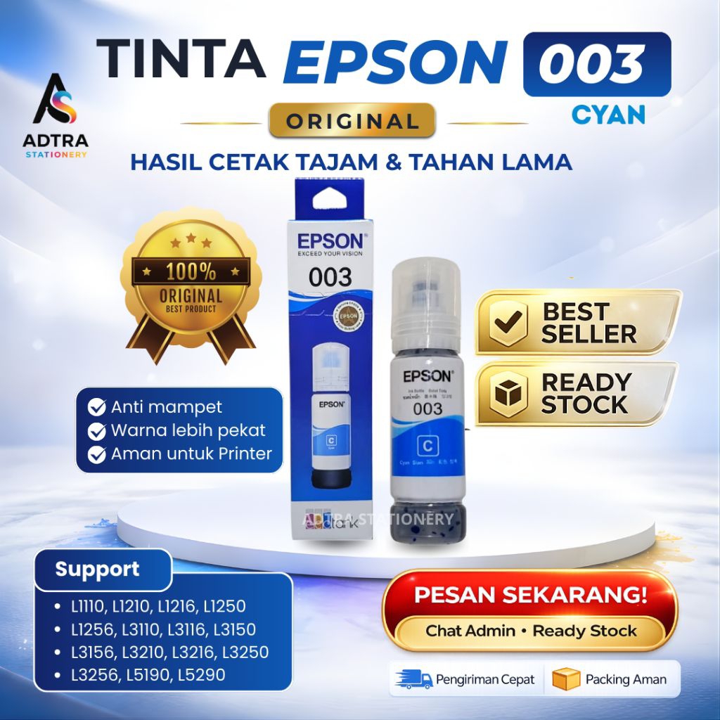 Tinta Printer Epson 003 Cyan Original Printer For Printer : L1110 L3110 L3150 L5190