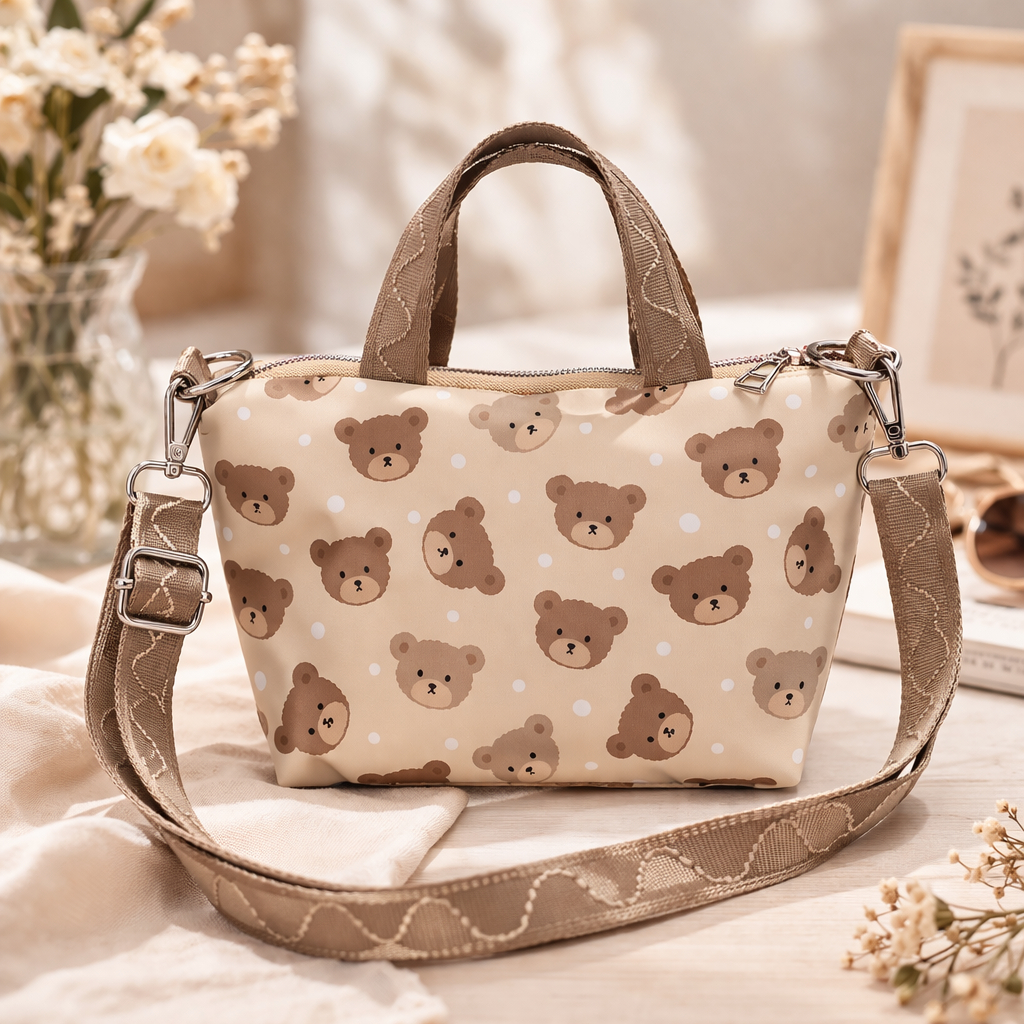 Sisca Handmade - Tas Bahu Sling Bag Motif Beruang Cokelat - Desain Anti Air, Ringan, dan Mudah Dibaw