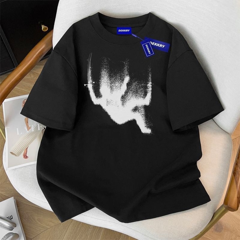 Kaos Pria Lengan Pendek Motif Siluet Orang Pedang Tetes Tinta Katun Premium Gaya Dark Samurai Street
