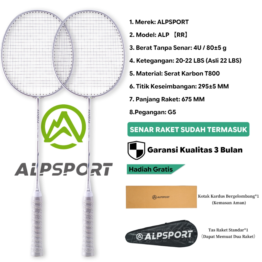 ALPSPORT RR Set 2 Raket Bulutangkis + Tas 4U G5 Full Carbon Serat Karbon T800 20-22Lbs Senar Terpasa