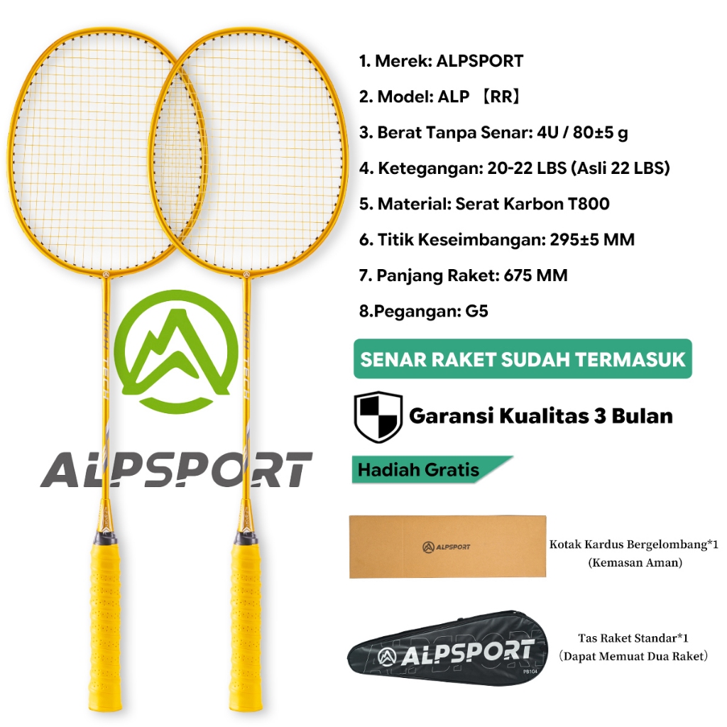 ALPSPORT RR Set 2 Raket Bulutangkis + Tas 4U G5 Full Carbon Serat Karbon T800 20-22Lbs Senar Terpasa