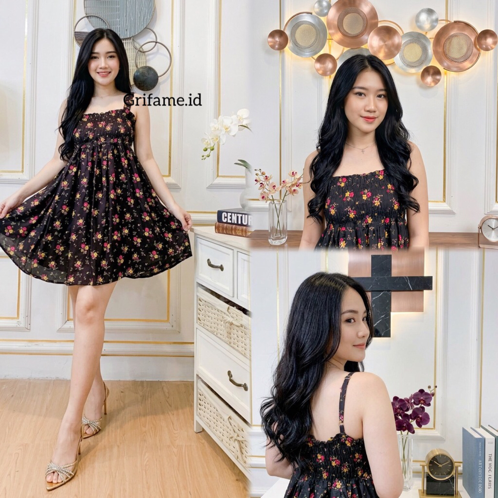 Dress Daster Pendek Dewasa Kerut Dada Tali Pundak Rok Lebar Rayon Premium Adem Bumil Friendly