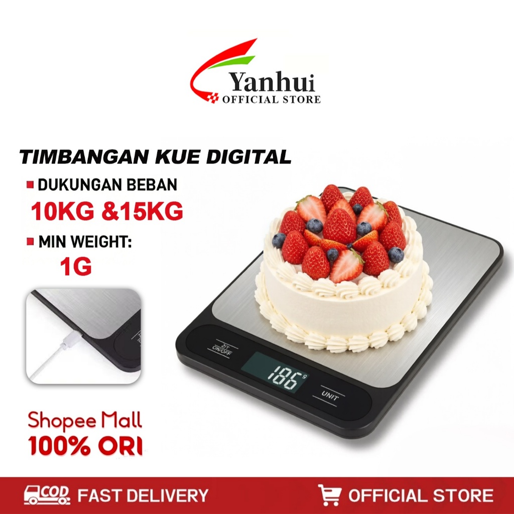 YANHUI Timbangan Dapur Digital 10kg/15kg Akurasi 1g USB Cas Timbangan Kue & Makanan