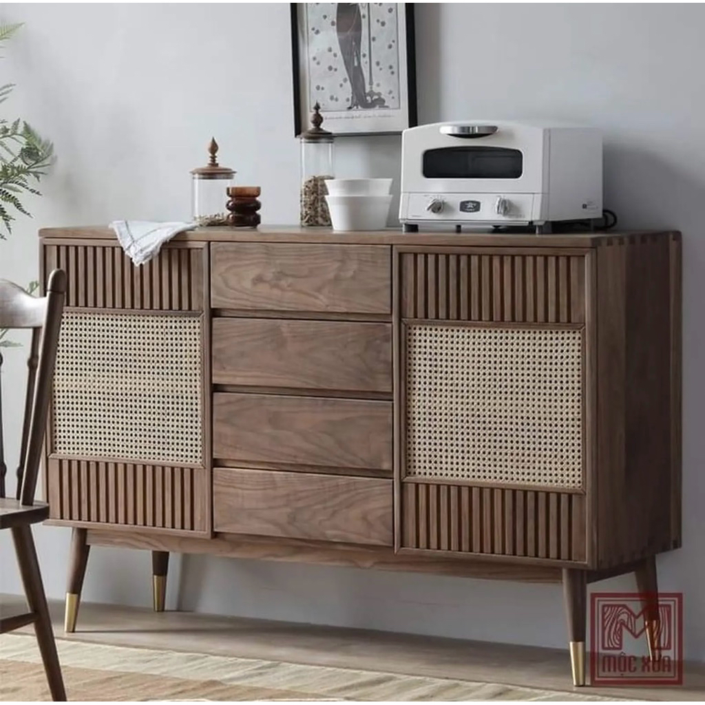 Bufet Dapur Modern Kayu Jati Pintu Kombinasi Rotan Bufet Serbaguna Modern Terbaik L