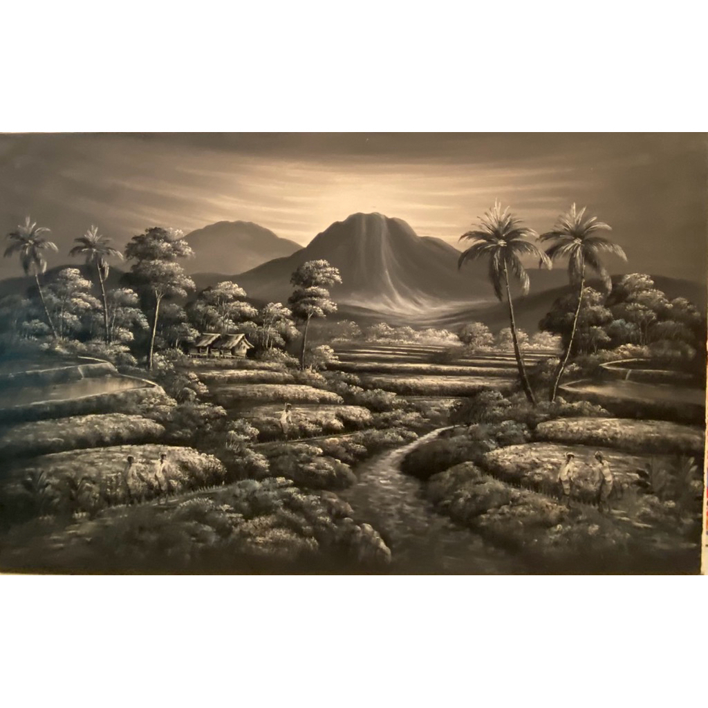 Lukisan pemandangan Sawah dan View Gunung Agung Bali, Lukisan Canvas, Landscape, Lukisan Panen Palet