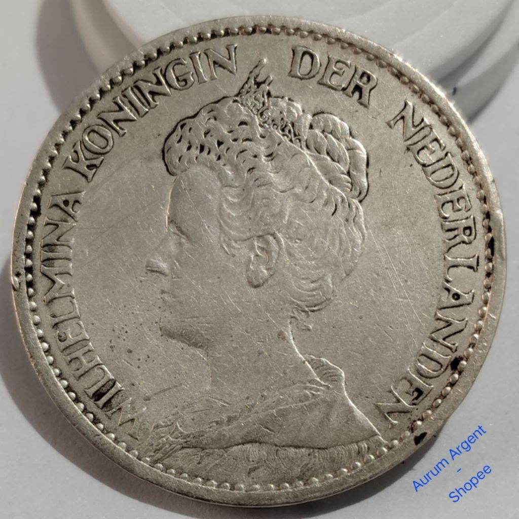 WILH1G-91.. 1 PC KOIN PERAK KUNO ASLI 1 GULDEN WILHELMINA TH 1913.  -- SILVER COIN --