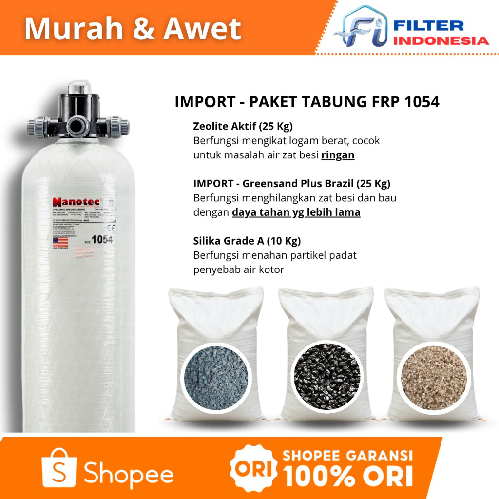 Paket Tabung Media Filter Air FRP 1054 dengan 3 Jenis Media Filter