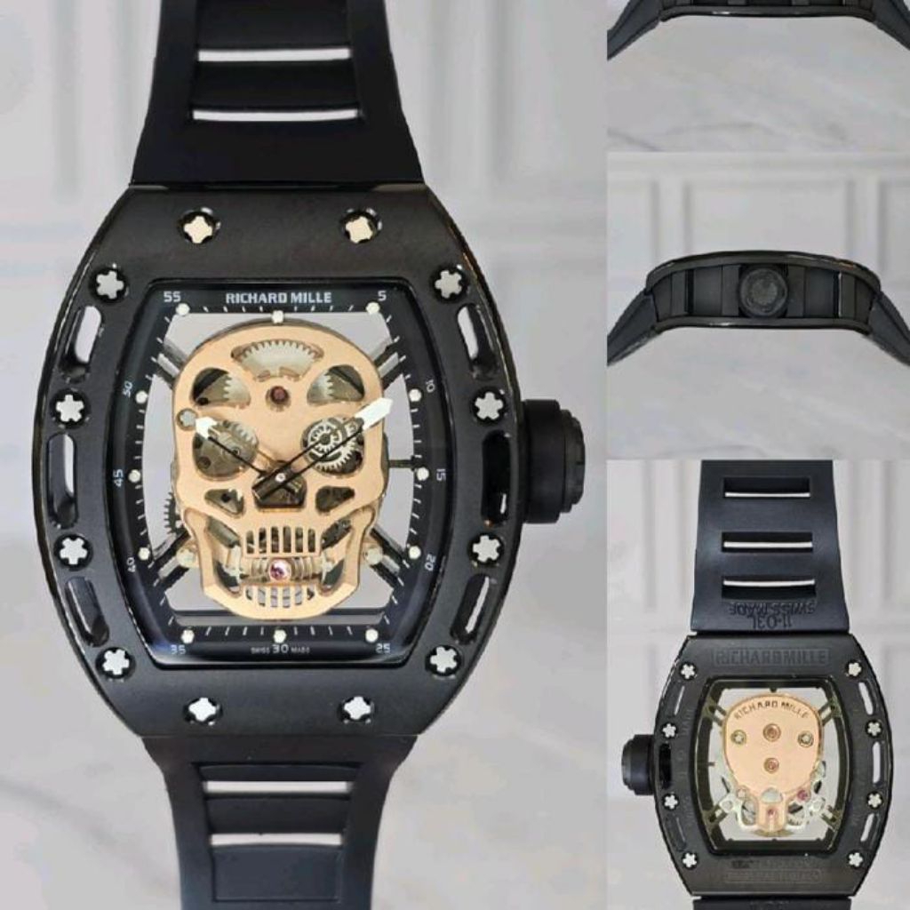 JAM TANGAN RM 052 SKULL AUTOMATIC BLACK RUBBER GOLD DIAL DM 42MM