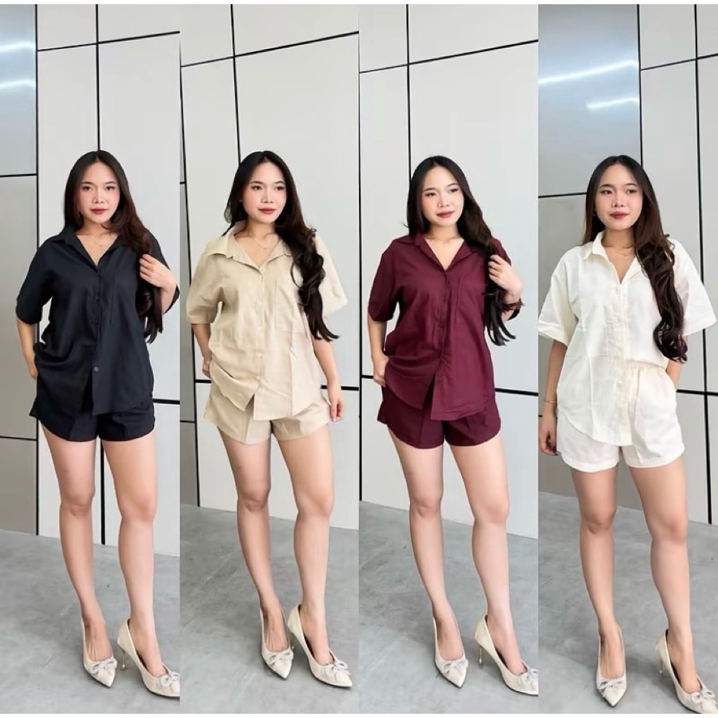 Alena Setelan Kemeja Linen // Atasan kemeja dan celana pendek