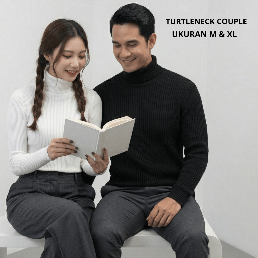 Baju Couple Pasangan Elegan - Sweater Rajut Turtleneck Pria Wanita Hitam Putih Premium