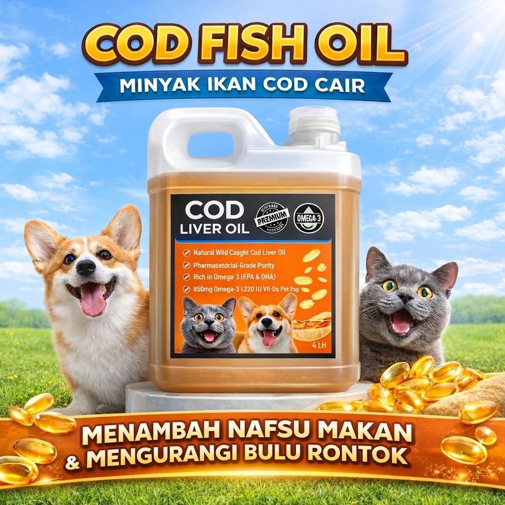 COD LIVER 1 LITER - Minyak Ikan COD Minyak Ikan Cair Suplemen Vitamin Kucing Penambah Nafsu Makan Ku