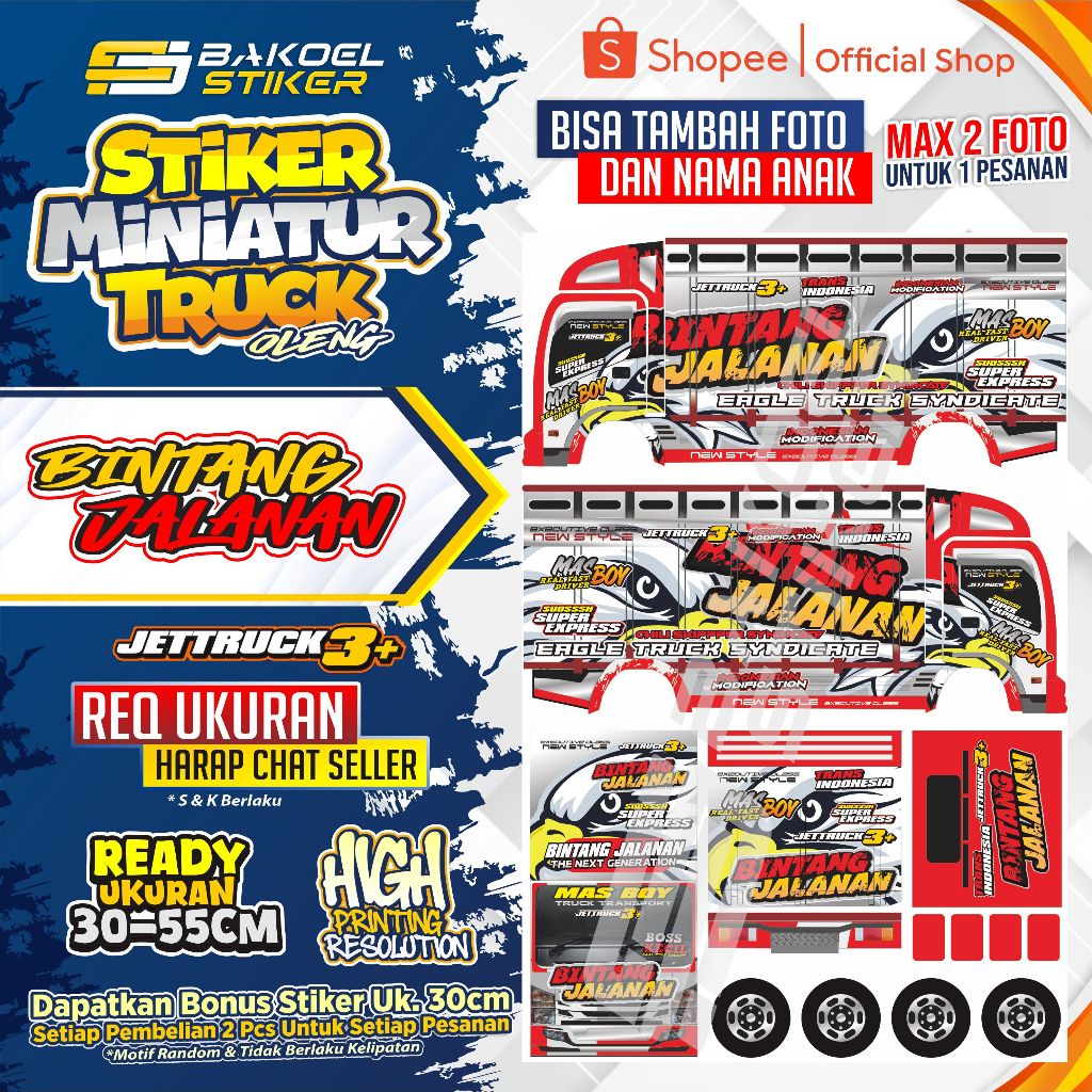 STIKER MINIATUR TRUK OLENG MOTIF BINTANG JALANAN UK. 30/45CM