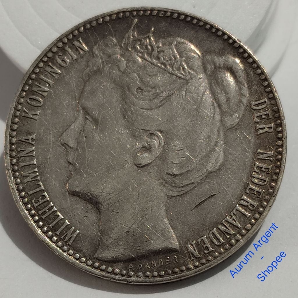 WILH1G-96.. 1 PC KOIN PERAK KUNO ASLI 1 GULDEN WILHELMINA TH 1908.  -- SILVER COIN --