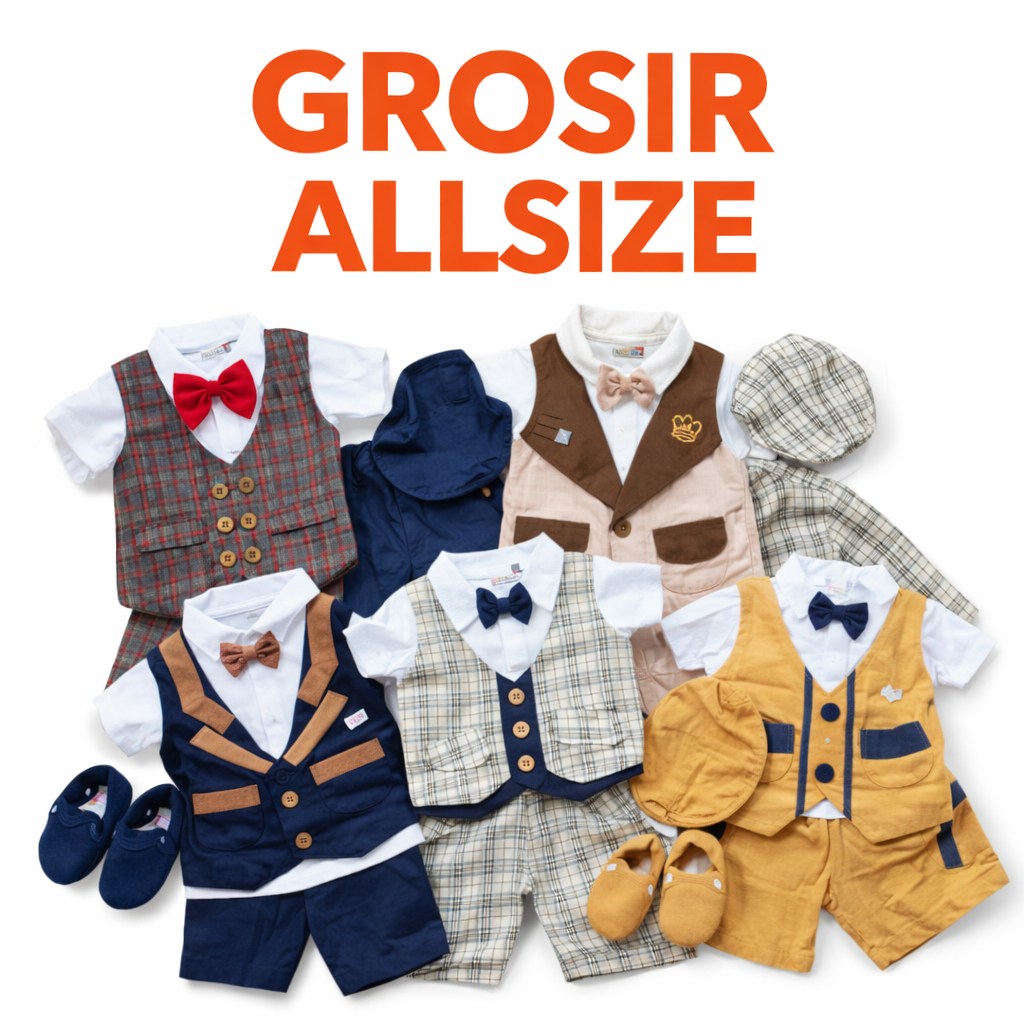 Grosir Baju Bayi Laki-Laki 3 -12 Bulan Setelan Jas Lucu Lengkap Rompi Topi Reseller Goldenkidshop