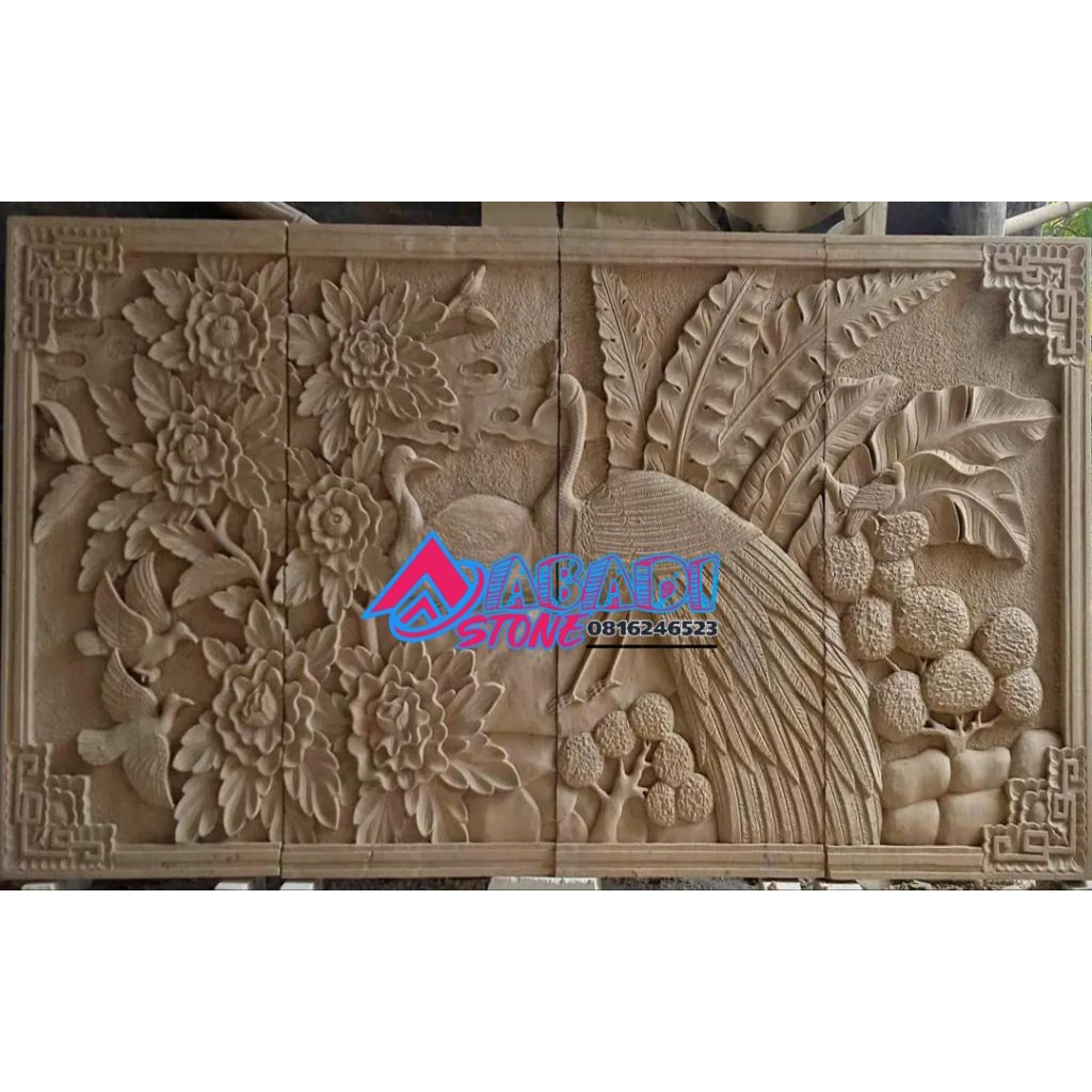relief batu ukir batu alam motif merak