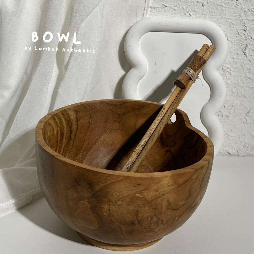 Bowl Kayu Natural + Sendok | Mangkuk Kayu Aesthetic Minimalis Premium