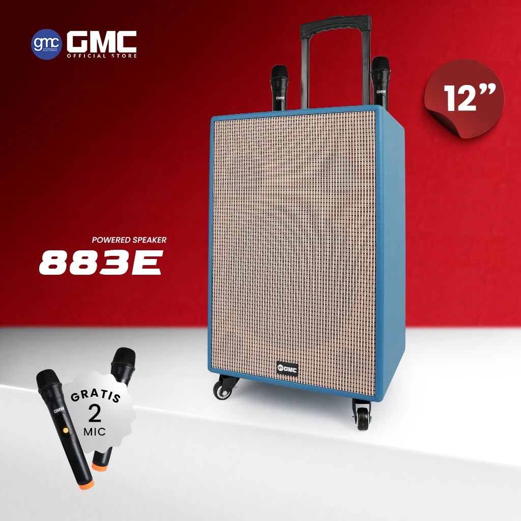 GMC Speaker 883E – Bluetooth Karaoke Speaker 12" – 200W, USB, SD, AV In,Radio, Gratis 2 Wireless Mic