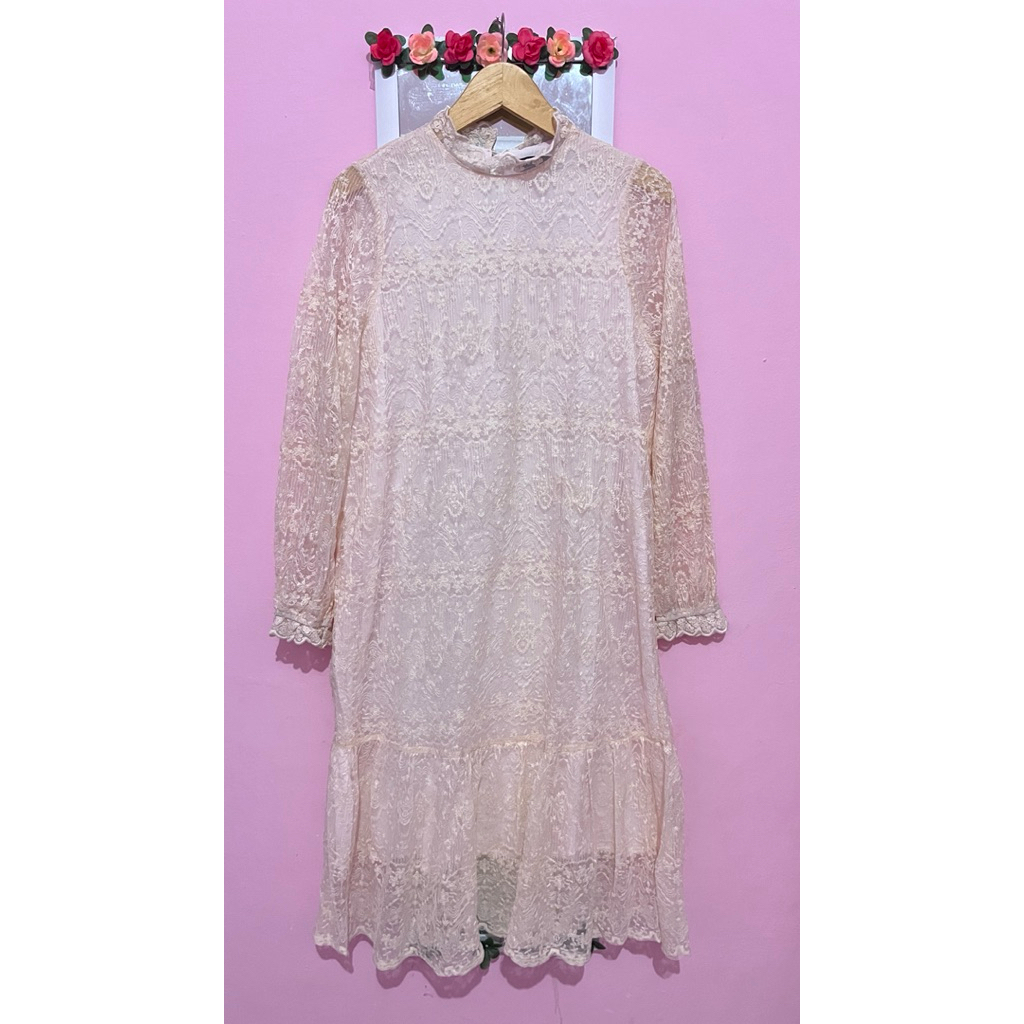 DRESS LONG TUNIK PESTA CREAM BUTTER YELLOW RENDA BORDIR KOREANSTYLE BKK VINTAGE FAIRY