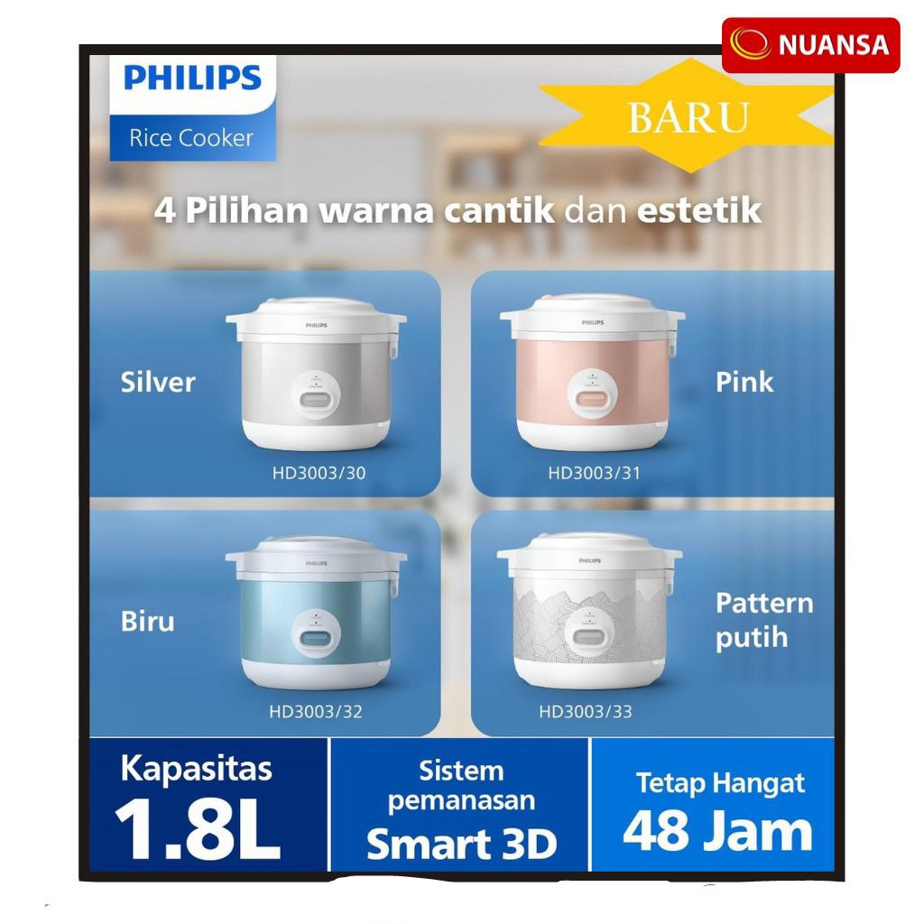 Penanak Nasi Philips HD3003 1.8L - Kapasitas Besar, 3 Fungsi, Pemanasan Merata,original