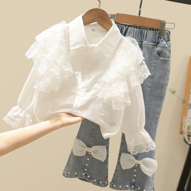 Kemeja berkerah boneka renda gaya baru untuk anak perempuan