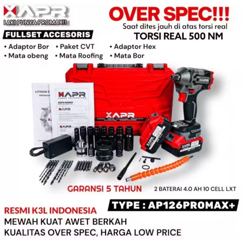 APR AP 126 PROMAX + IMPACT WRENCH 500 - 1000Nm 2 BATERAI