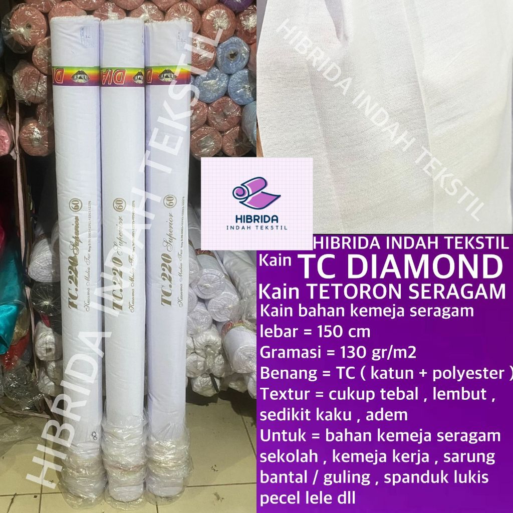 ( per setengah meter ) kain TC DIAMOND 220 tetoron katun polyester lebar 150 cm adem putih bahan baj