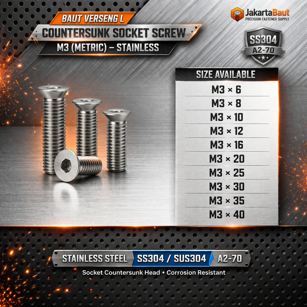 Baut Verseng L M3X6 / Baut JFL 3X6 / Countersunk L M3 X 6 / 3 X 6  - Socket Countersunk Screw Stainl