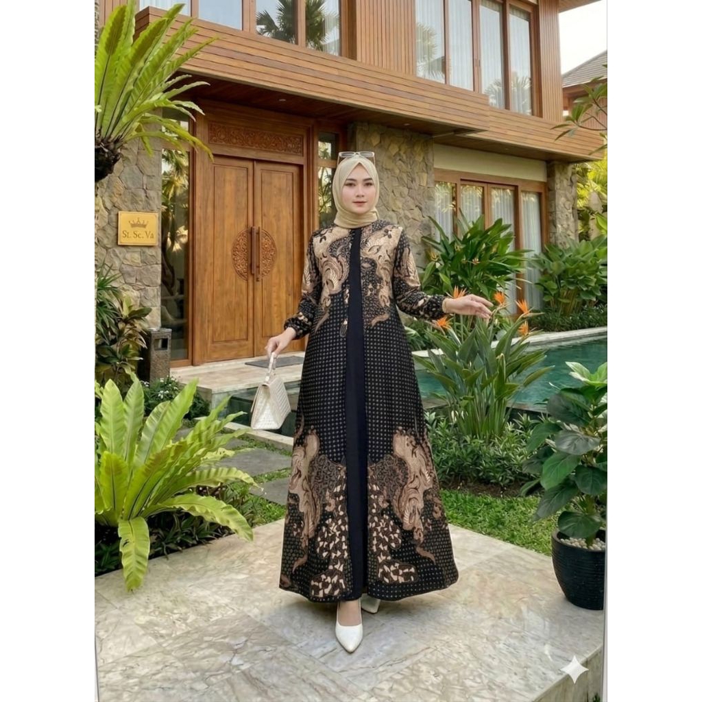 Gamis Batik kombinasi Satin Model Abaya Syari / Gamis Batik Kondangan Resleting Depan
