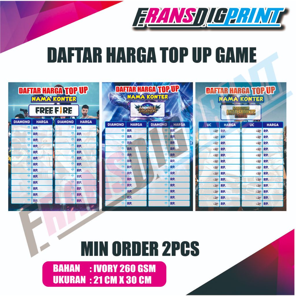 POSTER DAFTAR HARGA TOP UP GAME , POSTER GAME , POSTER TOP UP GAME , POSTER TOP UP GAME POTRAIT