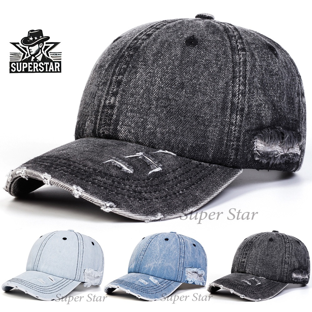 Topi Bisbol Denim Sobek Bahan Katun, Topi Bisbol Denim Modis Bahan Katun Sobek
