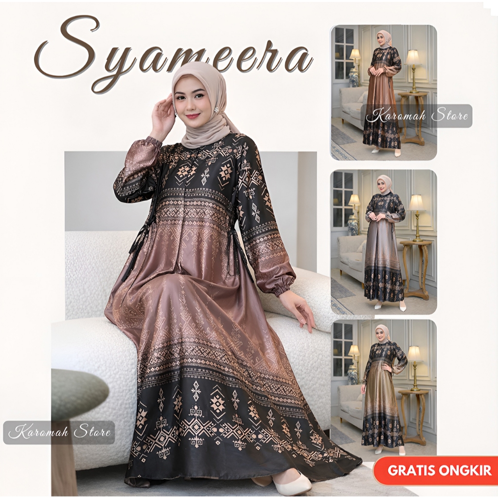 Baju Gamis Motif Syameera Hitam Bahan Silk Premium Dress Muslim Mewah Jumbo Busui Kekinian Murah