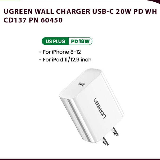 UGREEN Wall Charger USB-C 20W PD WH - CD137 PN 60450 pn60450