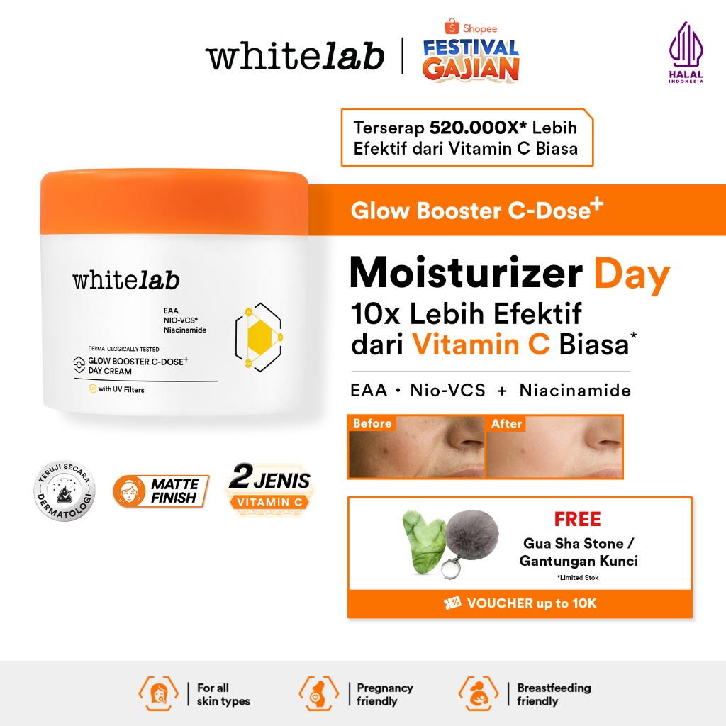 Whitelab Glow Booster C-Dose+ Day Cream - Pelembap Krim Pagi Pencerah Wajah untuk Kulit Kering denga
