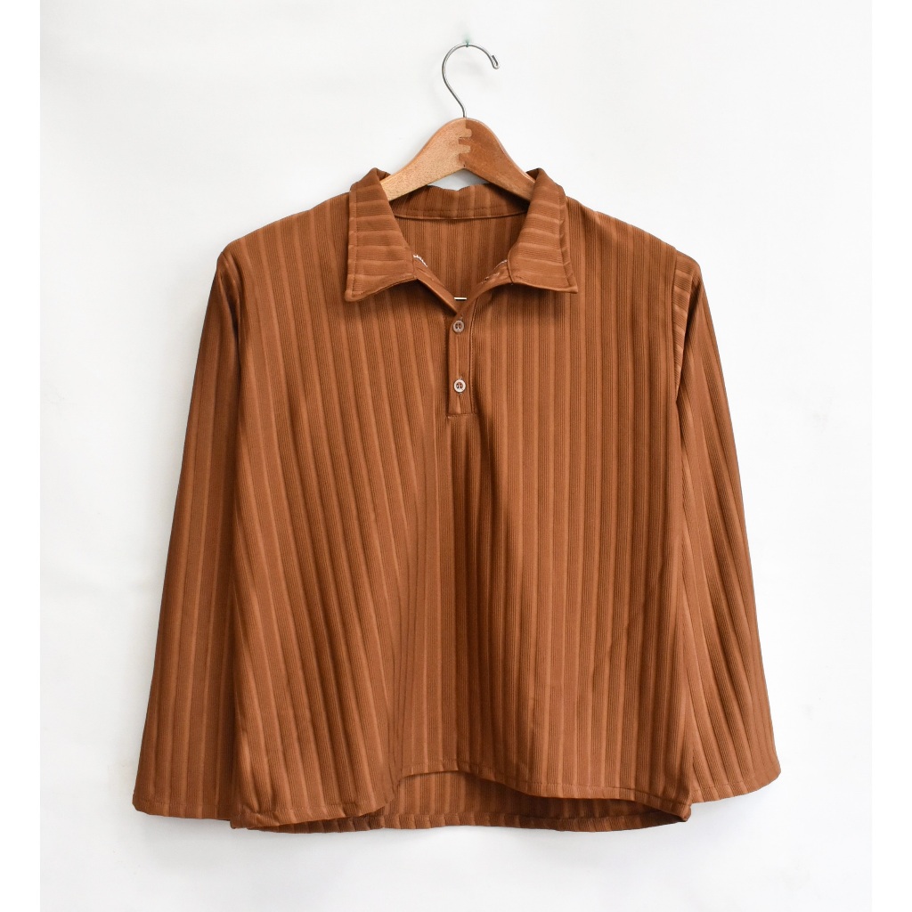Preloved Baju Atasan Wanita Kaos Polo Lengan Panjang Coklat Ribbed Knit