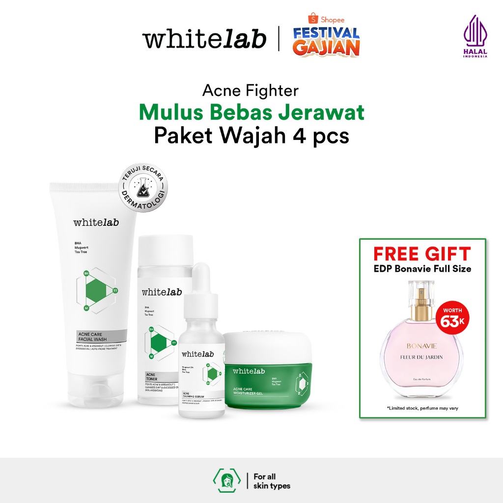 Whitelab 4 pcs Paket Acne - Facial Wash, Toner, Serum, Moisturizer Paket Skincare
