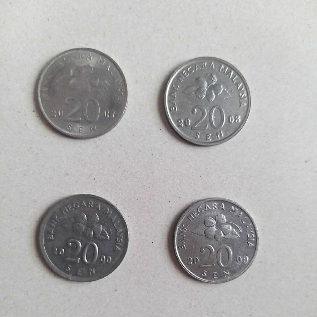 uang koin lama malaysia 20 sen, harga tertera untuk 4 koin