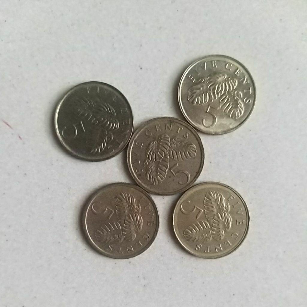 uang koin lama singapura 5 sen, harga tertera untuk 5 koin