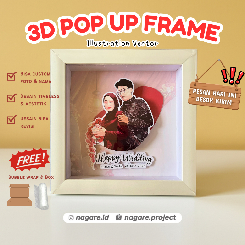 Custom Frame Foto 3D Ilustrasi Vector – Kado Wedding / Wisuda / Birthday