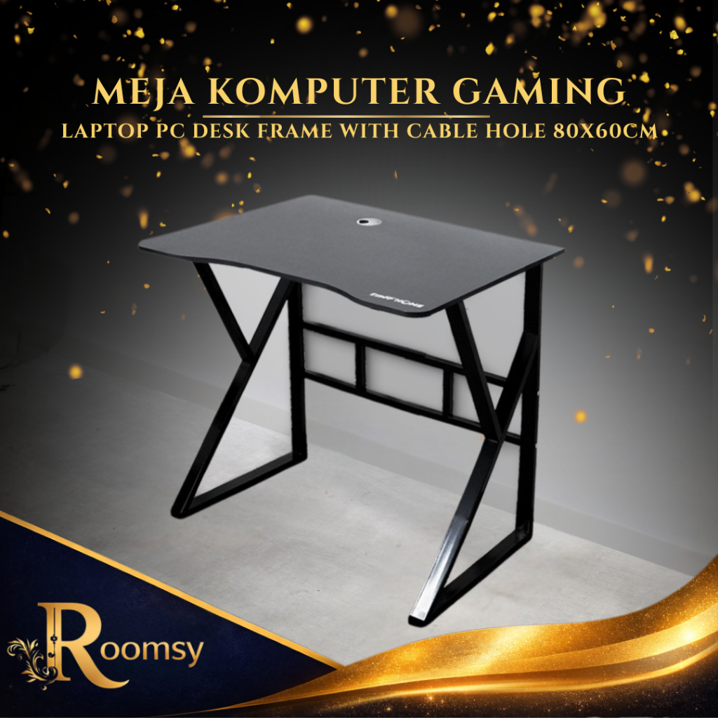 Meja Komputer Gaming Laptop PC Desk Frame Cable Hole 80x60cm Black Kerja Belajar Kantor Minimalis Ae