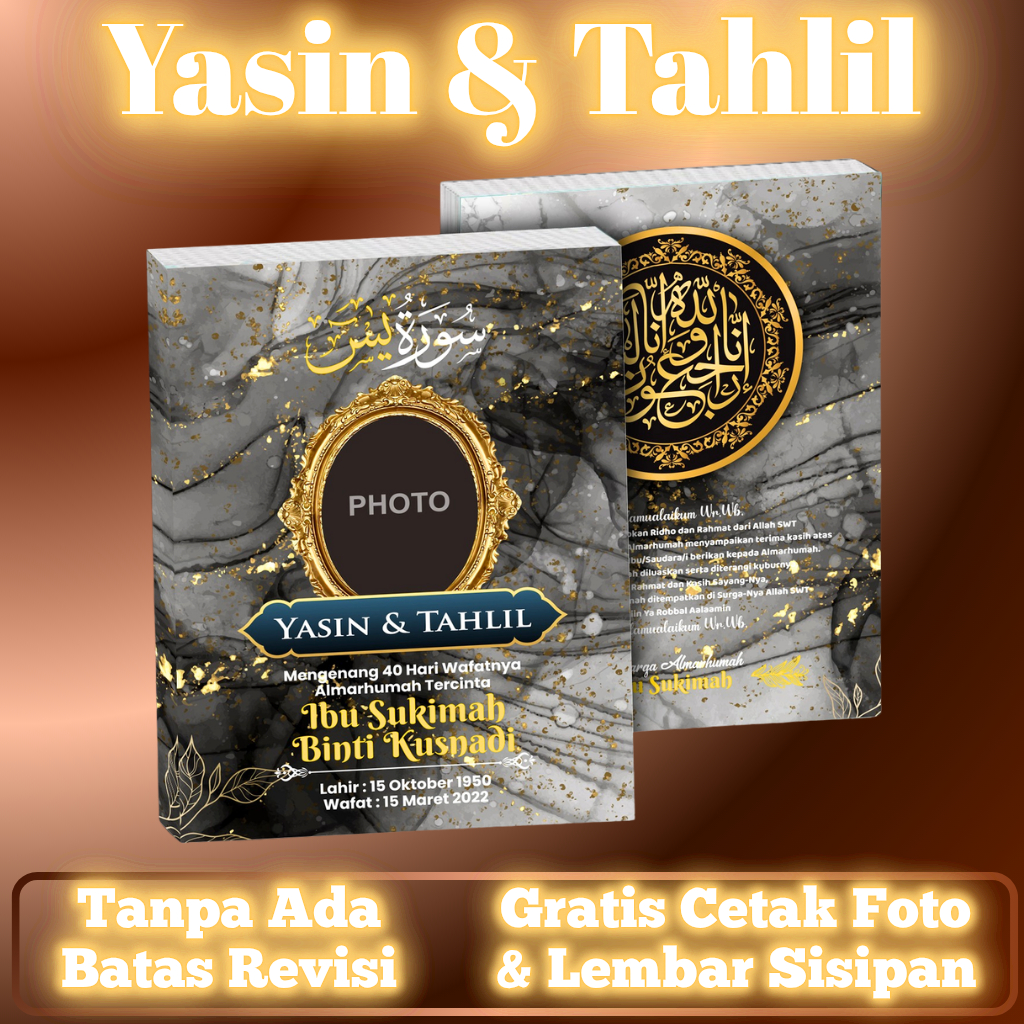 Buku Yasin dan Tahlil Custom Lengkap Gratis Cetak Foto Almarhum Souvenir Tahlil 40 1000 Hari Softcov