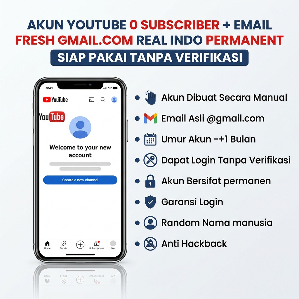 Akun Youtube 0 Subscriber + Akun Email Gmail.com Real Indo Permanent Siap Pakai Tanpa Verifikasi