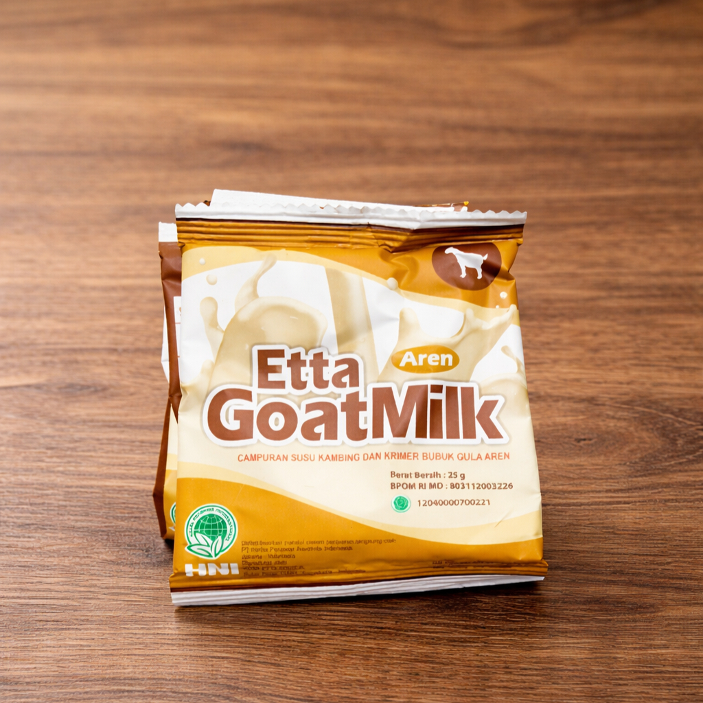 1 Sachet ETTA GOAT MILK GULA AREN Susu kambing bubuk ettawa dengan krim bubuk rasa gula aren.