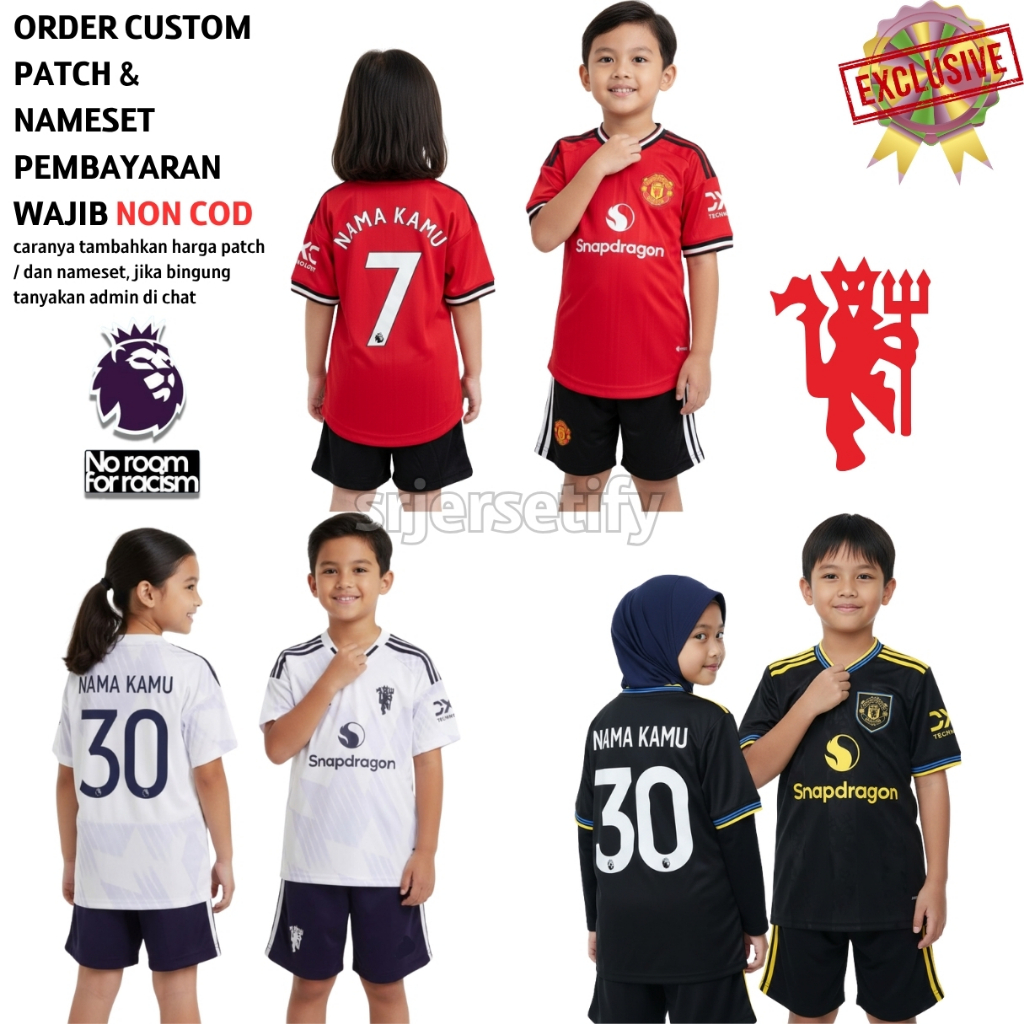 Jersey Bola Anak Setelan Mnchstr Untd Home 2025 2026 Baju KIDS Warna Merah Putih Hitam Patch Premier
