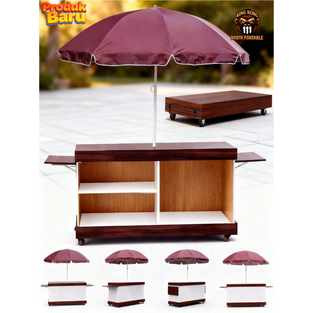 Booth Portable Lipat Model Koper Jumbo | Gerobak Jualan Minuman | Meja Booth Bazar + Roda + Payung