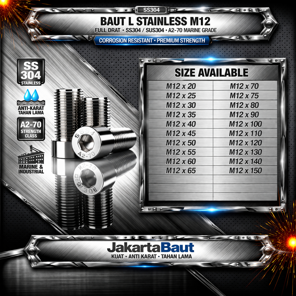 Baut L Stainless M12X100 / 12X100 / M12 X 100 / 12 X 100 Full Drat SS304 / SUS304 / A2-70