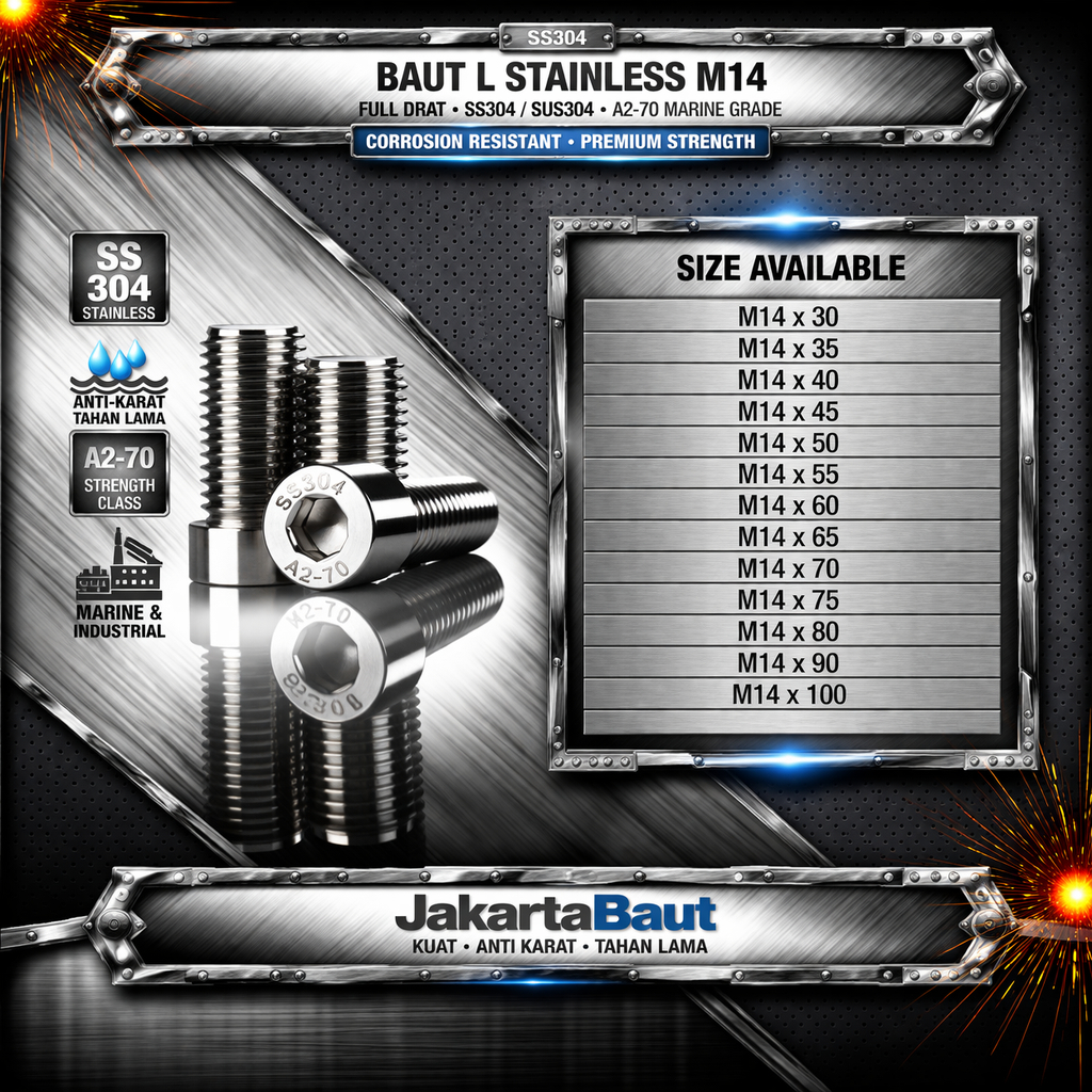 Baut L Stainless M14X60 / 14X60 / M14 X 60 / 14 X 60 Full Drat SS304 / SUS304 / A2-70