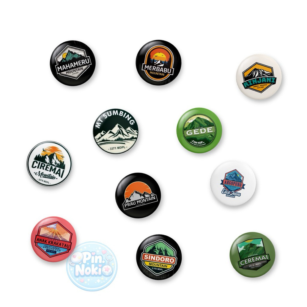 Pin.Nokio - Pin Button 44mm Gunung Indonesia Y2K Cute Aesthetic | Pin Hiking Outdoor Adventure Mount