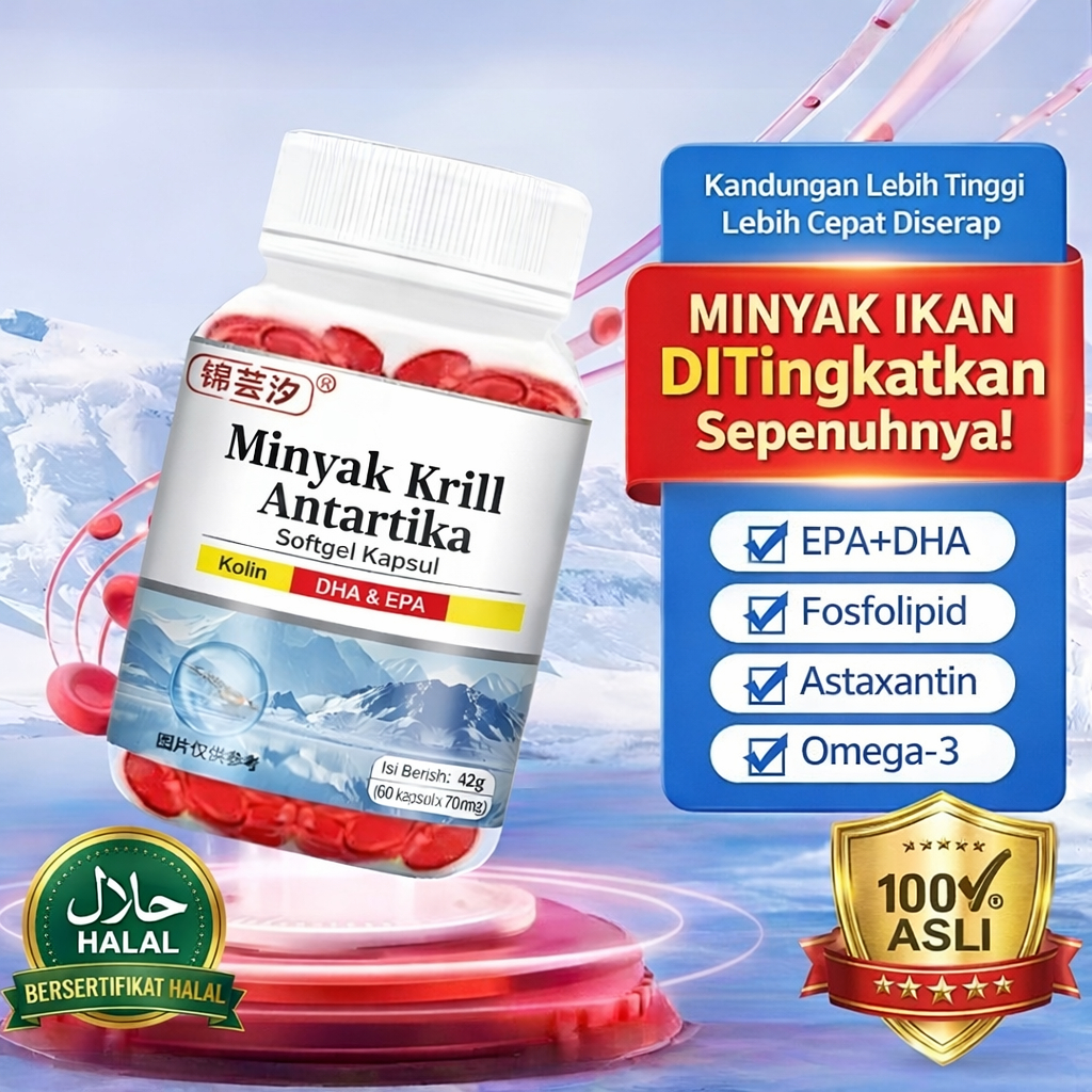 Krill Oil Astaxanthin Super Konsentrat Upgrade 1000mg – 60 kapsul softgel, Omega-3 EPA/DHA tinggi + 