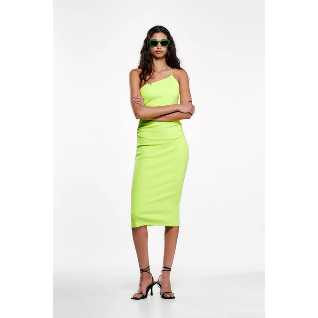 ZARA WOMEN'S ASYMMETRIC MIDI DRESS LIME GREEN